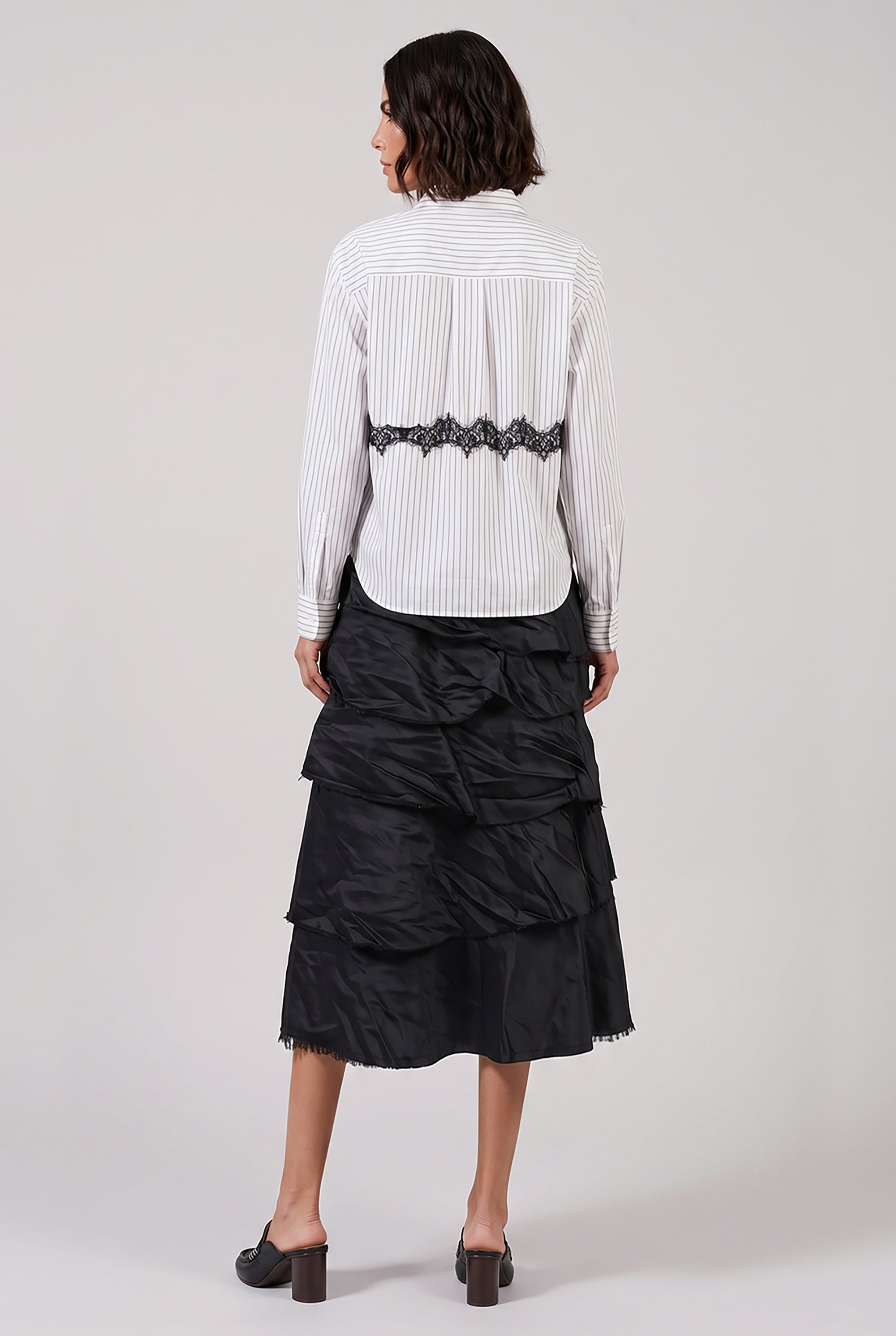 SACAI RTW Stripe Poplin Shirt with Lace Detail | Off-White Stripe