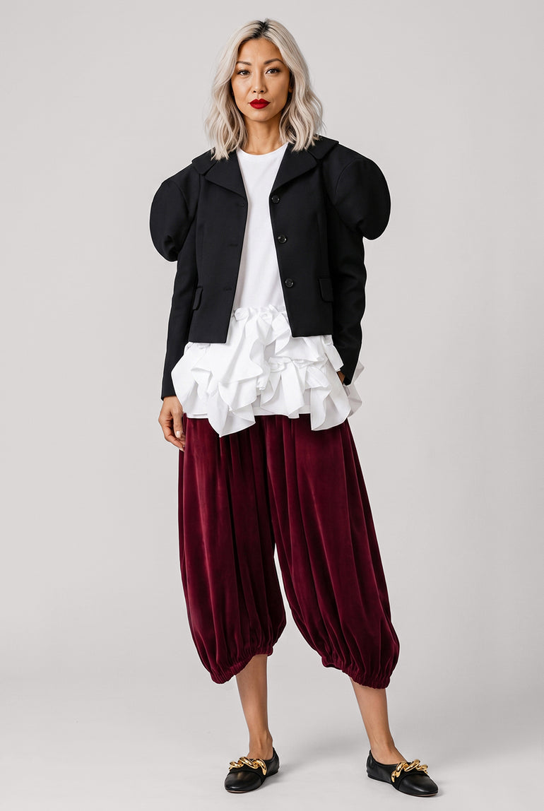 COMME DES GARCONS RTW Crew Neck L\S  Top with Exaggerated Ruffle Hem | White