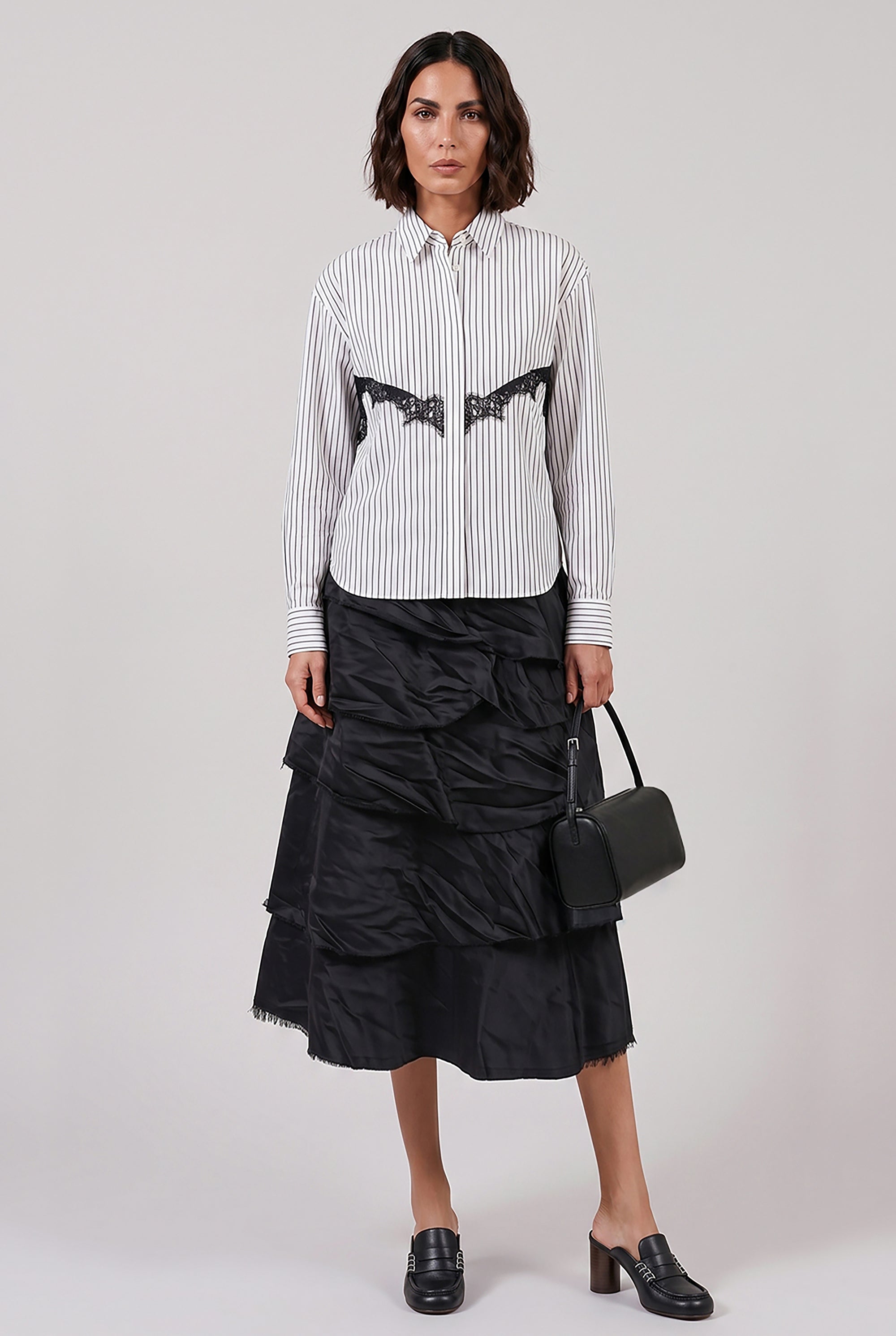 SACAI RTW Stripe Poplin Shirt with Lace Detail | Off-White Stripe