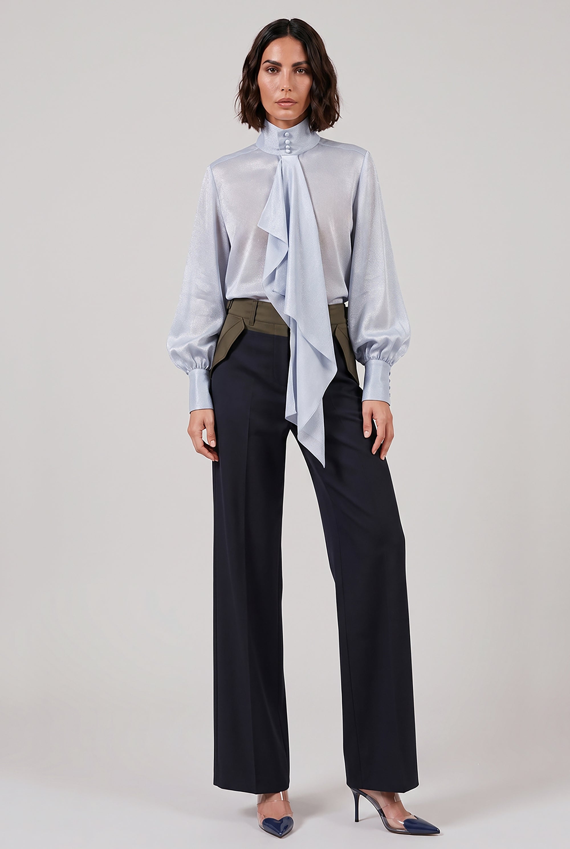 SACAI RTW Denim Print Layered Mini Dress With High Neck | Light Blue