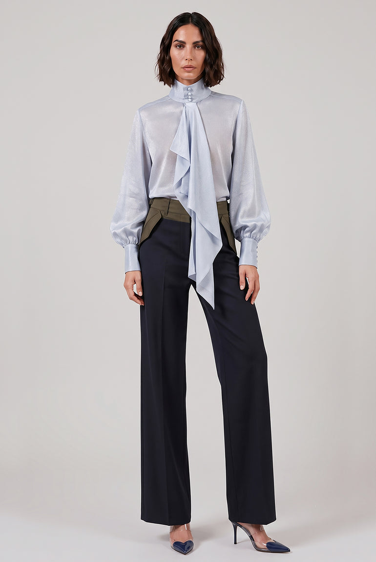 SACAI RTW Denim Print Layered Mini Dress With High Neck | Light Blue