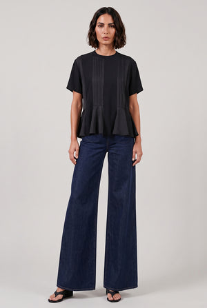 Satin Pleat X Knit Top | Black