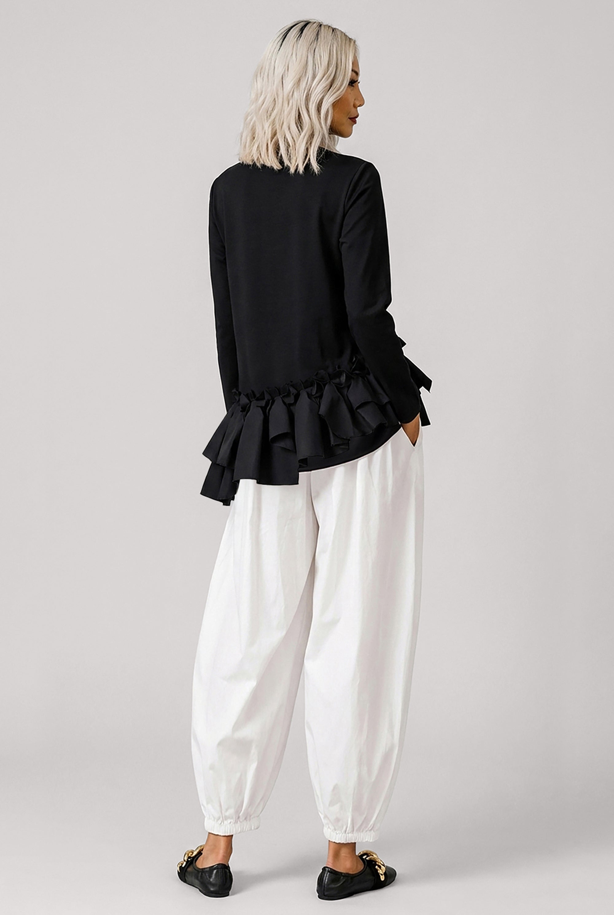 COMME DES GARCONS RTW Crew Neck L\S  Top with Ruffle Hem | Black