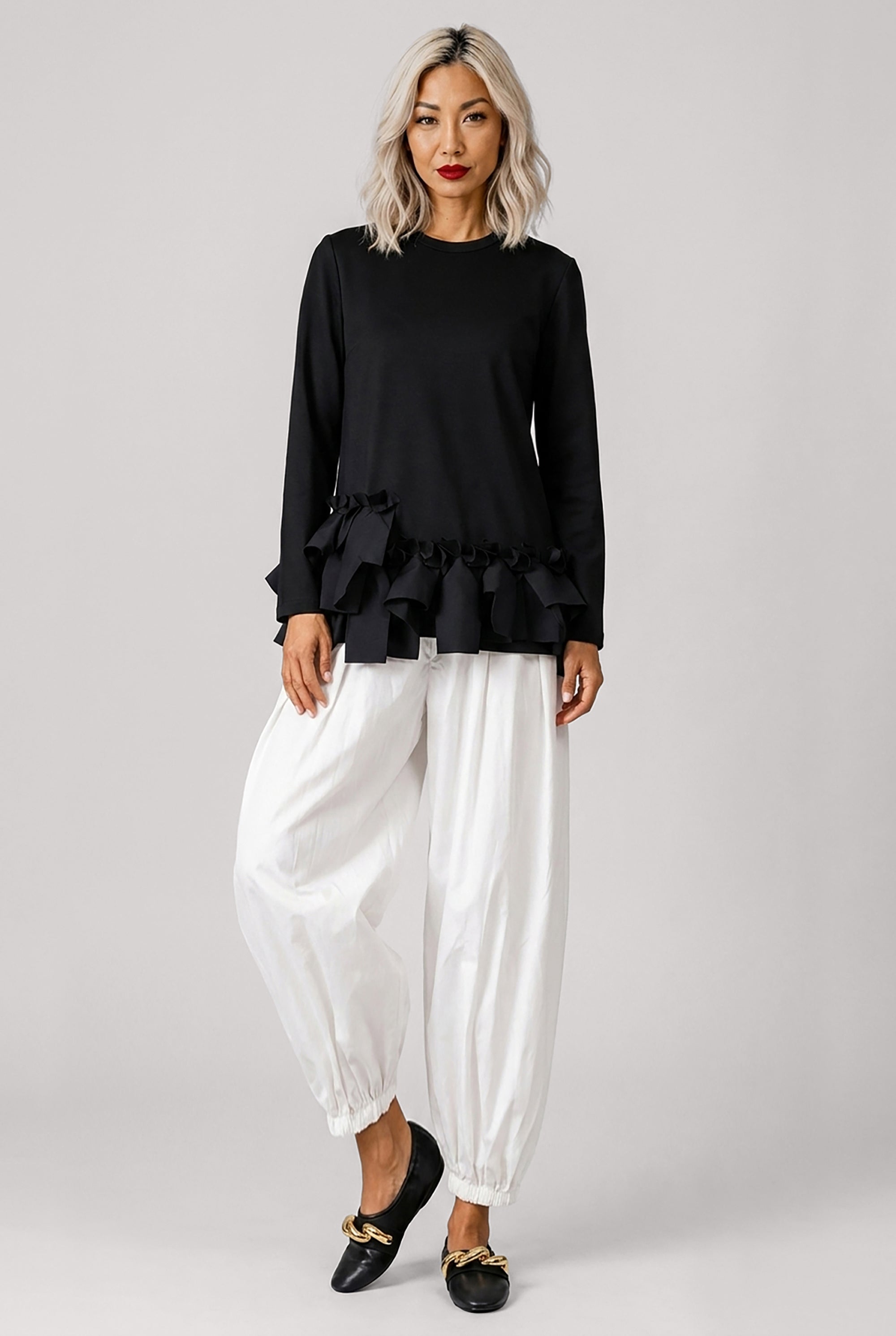 COMME DES GARCONS RTW Crew Neck L\S  Top with Ruffle Hem | Black