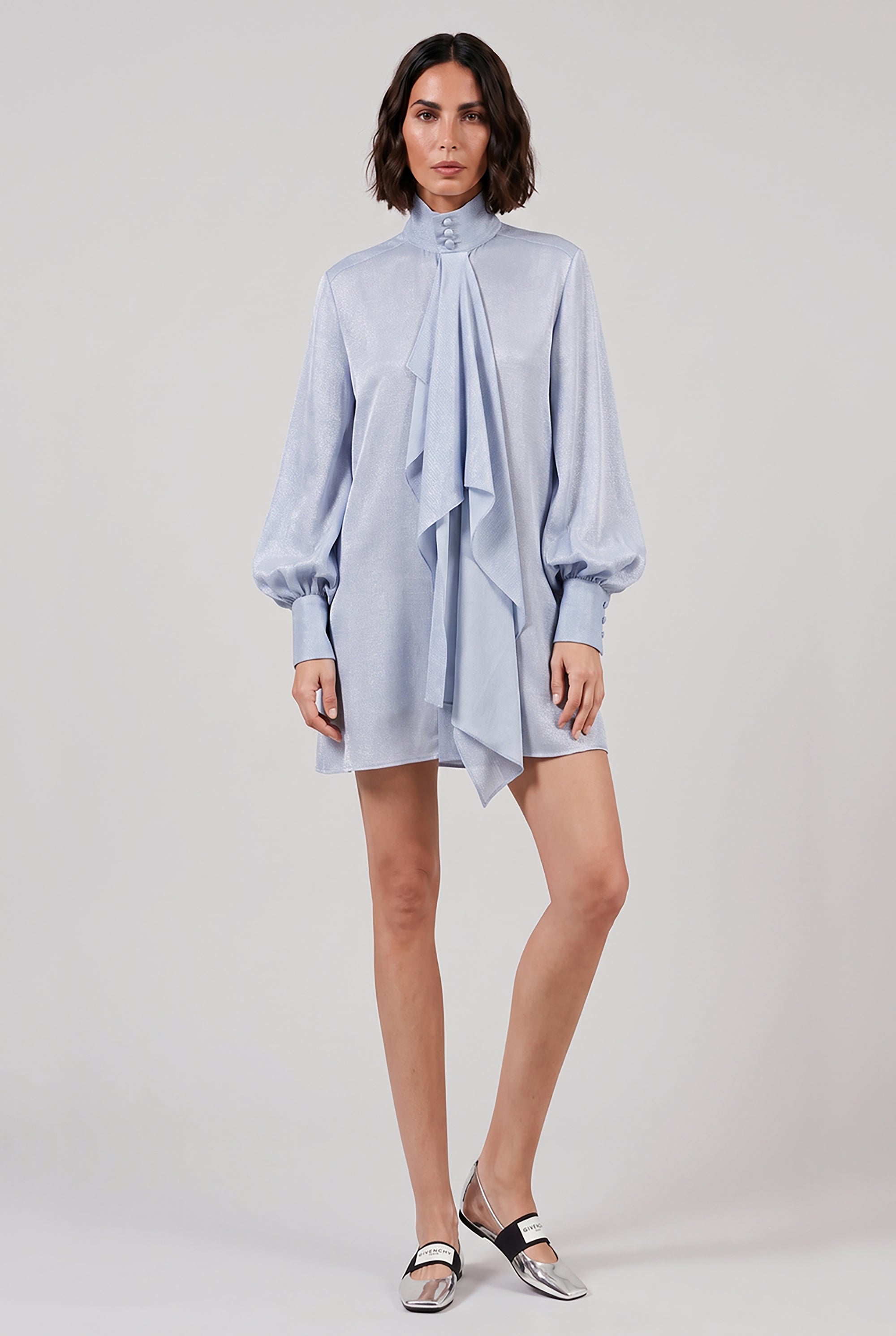 SACAI RTW Denim Print Layered Mini Dress With High Neck | Light Blue