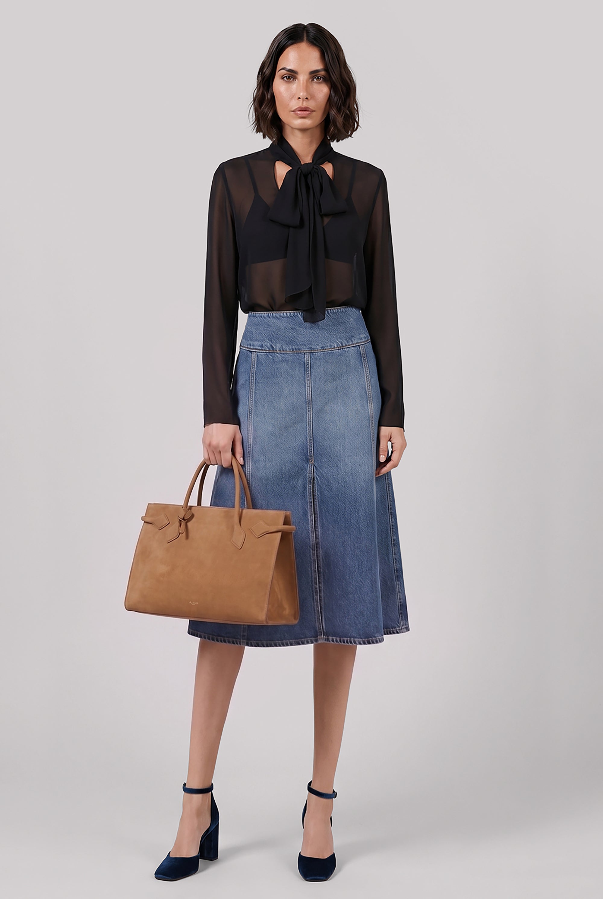 ALAIA RTW Low-Waist Front Slit Denim Midi Skirt | Blue Flash