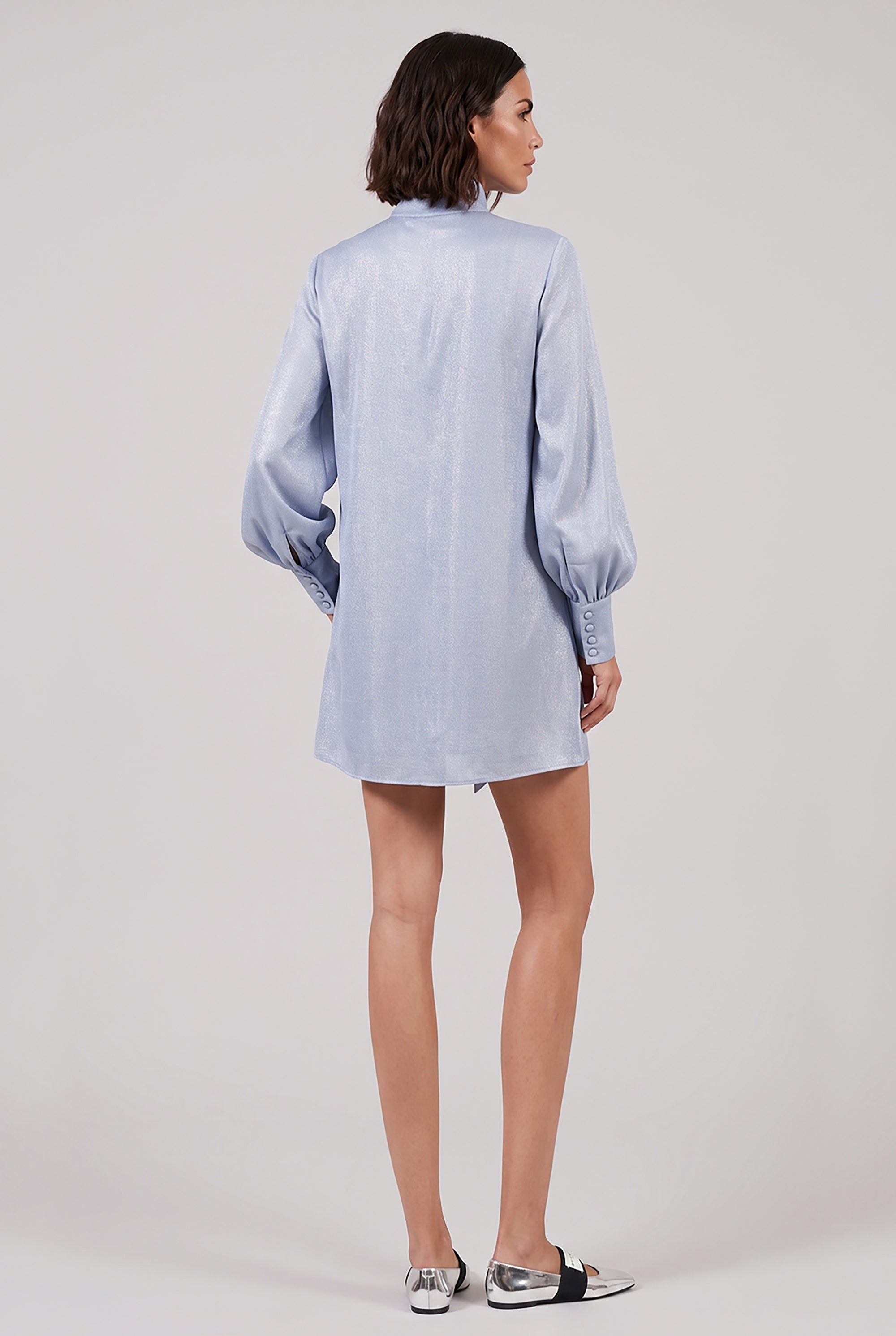 SACAI RTW Denim Print Layered Mini Dress With High Neck | Light Blue