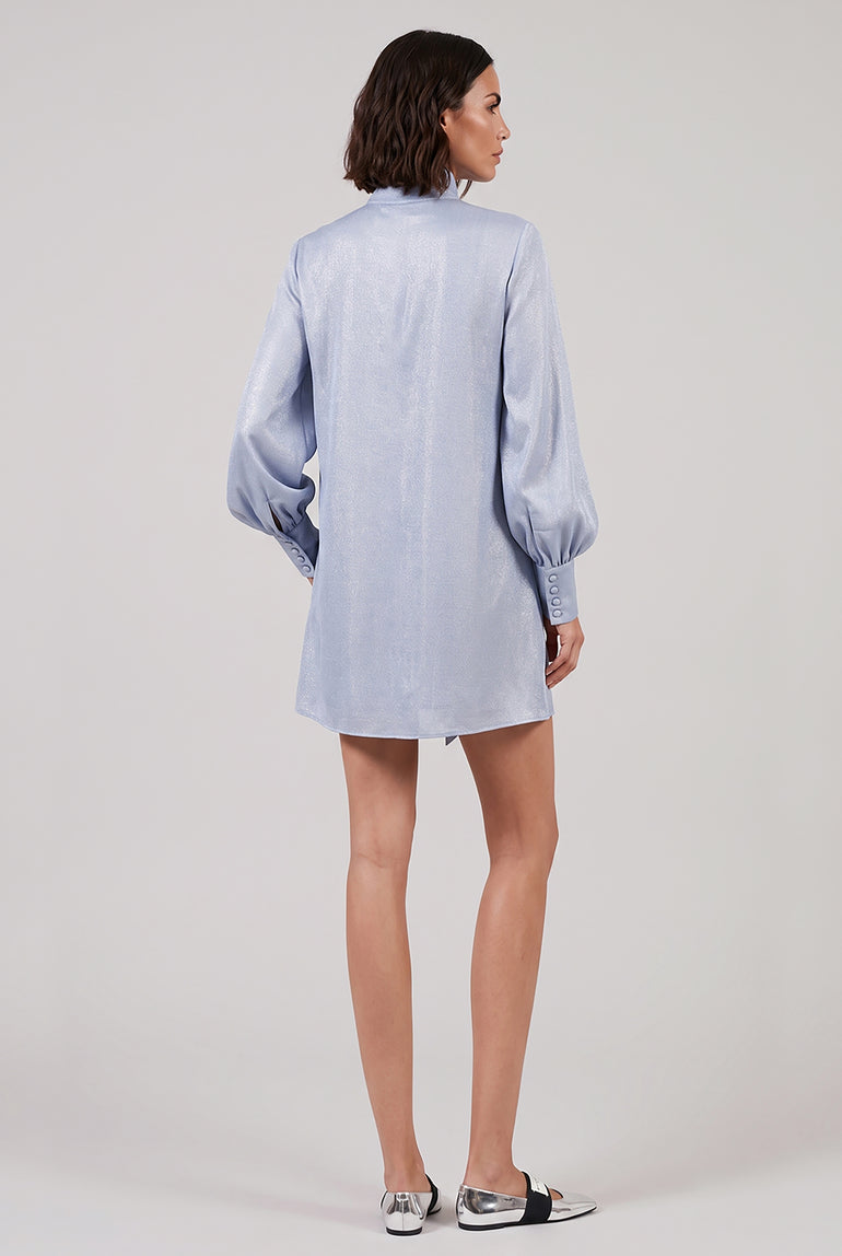 SACAI RTW Denim Print Layered Mini Dress With High Neck | Light Blue