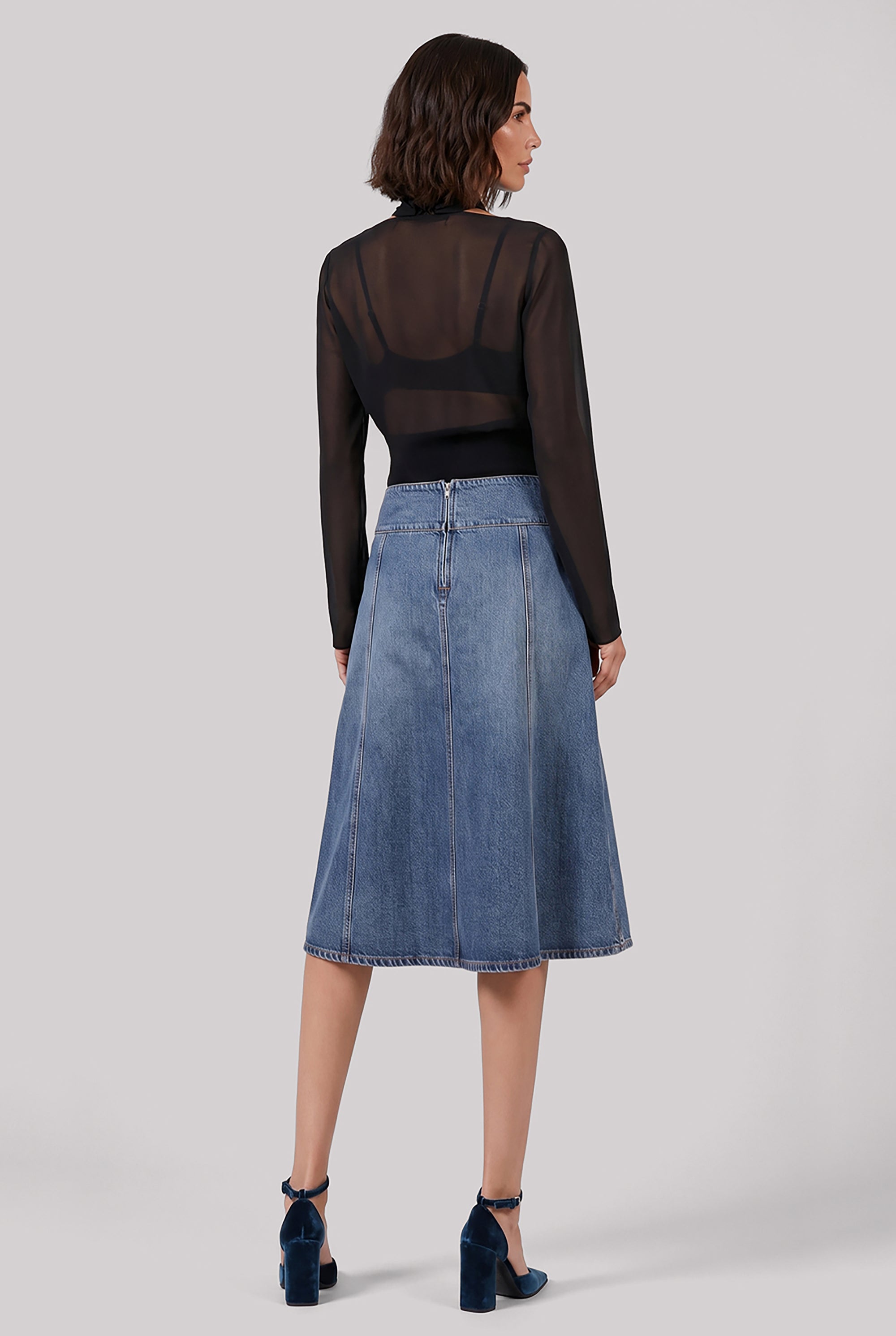 ALAIA RTW Low-Waist Front Slit Denim Midi Skirt | Blue Flash