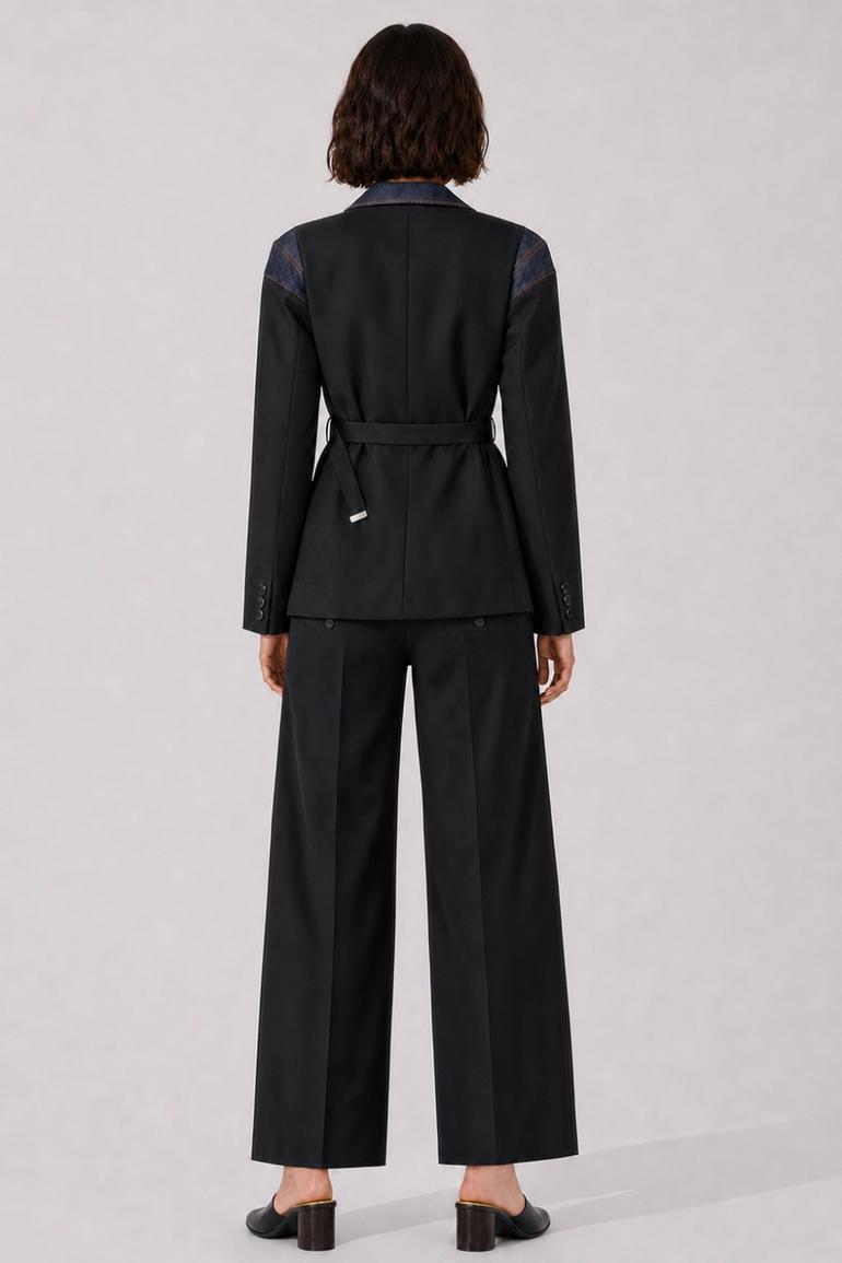 SACAI RTW Suiting X Denim Single Breast Belt Jacket | Black/Indigo