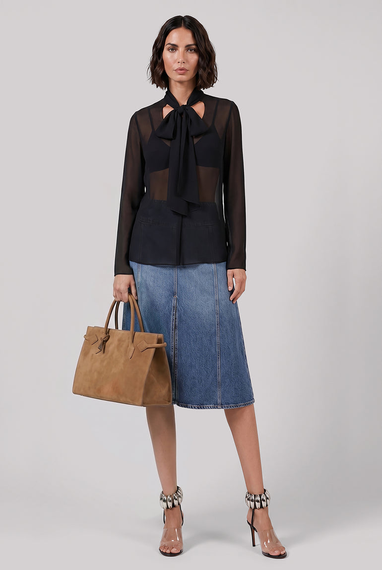 ALAIA RTW Low-Waist Front Slit Denim Midi Skirt | Blue Flash