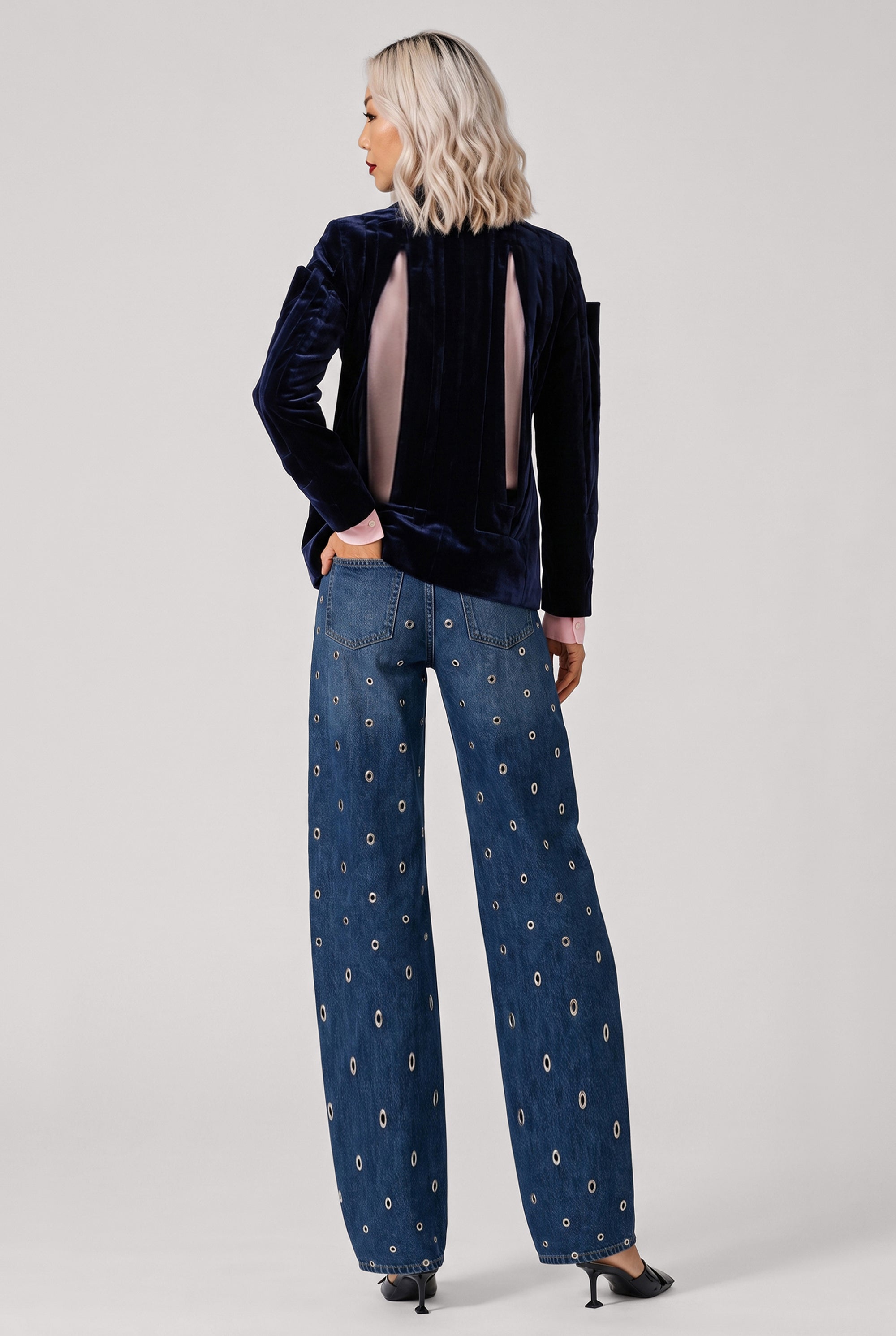 COMME DES GARCONS RTW Single Breast Velvet Cut Out Panel Jacket | Navy
