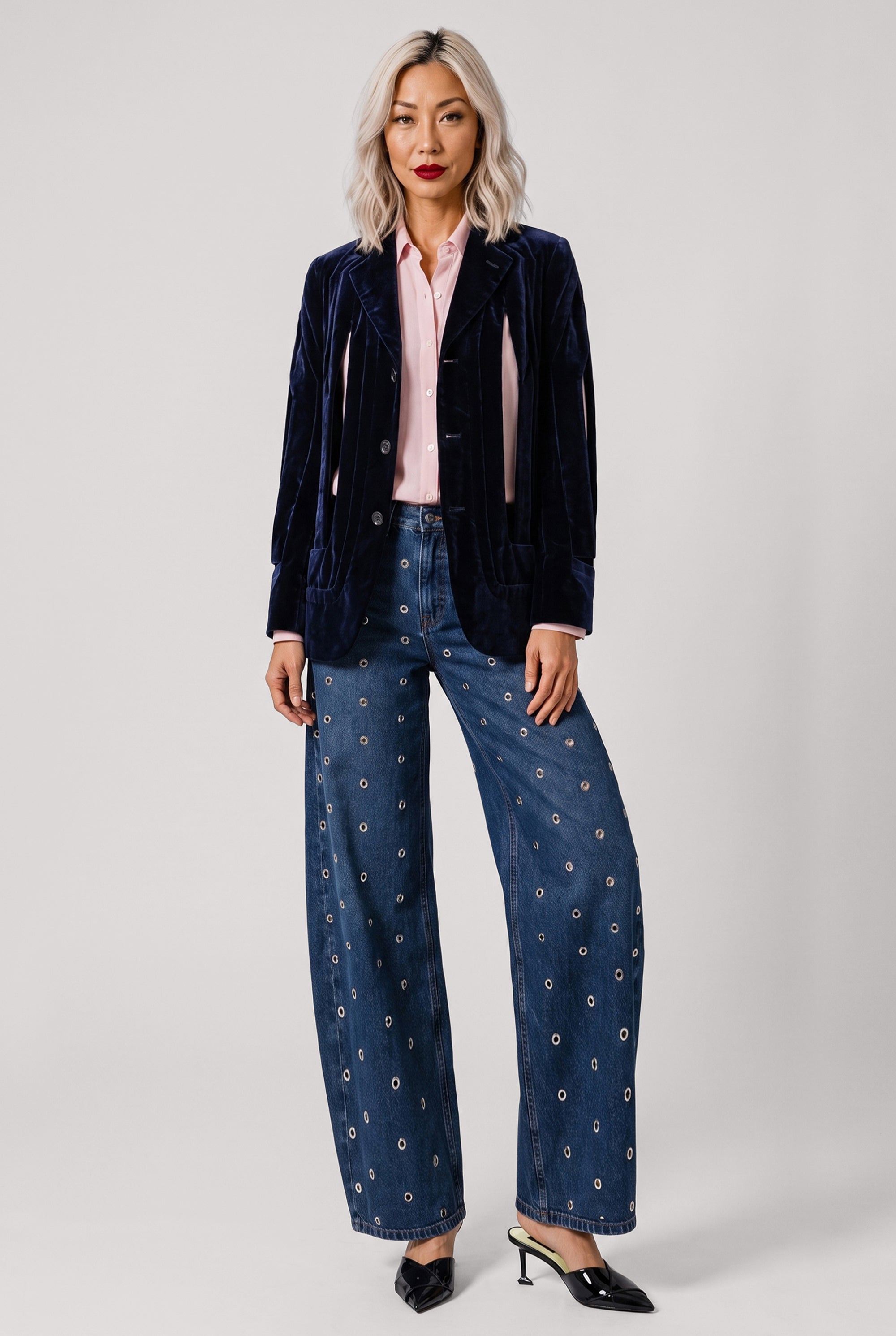 COMME DES GARCONS RTW Single Breast Velvet Cut Out Panel Jacket | Navy
