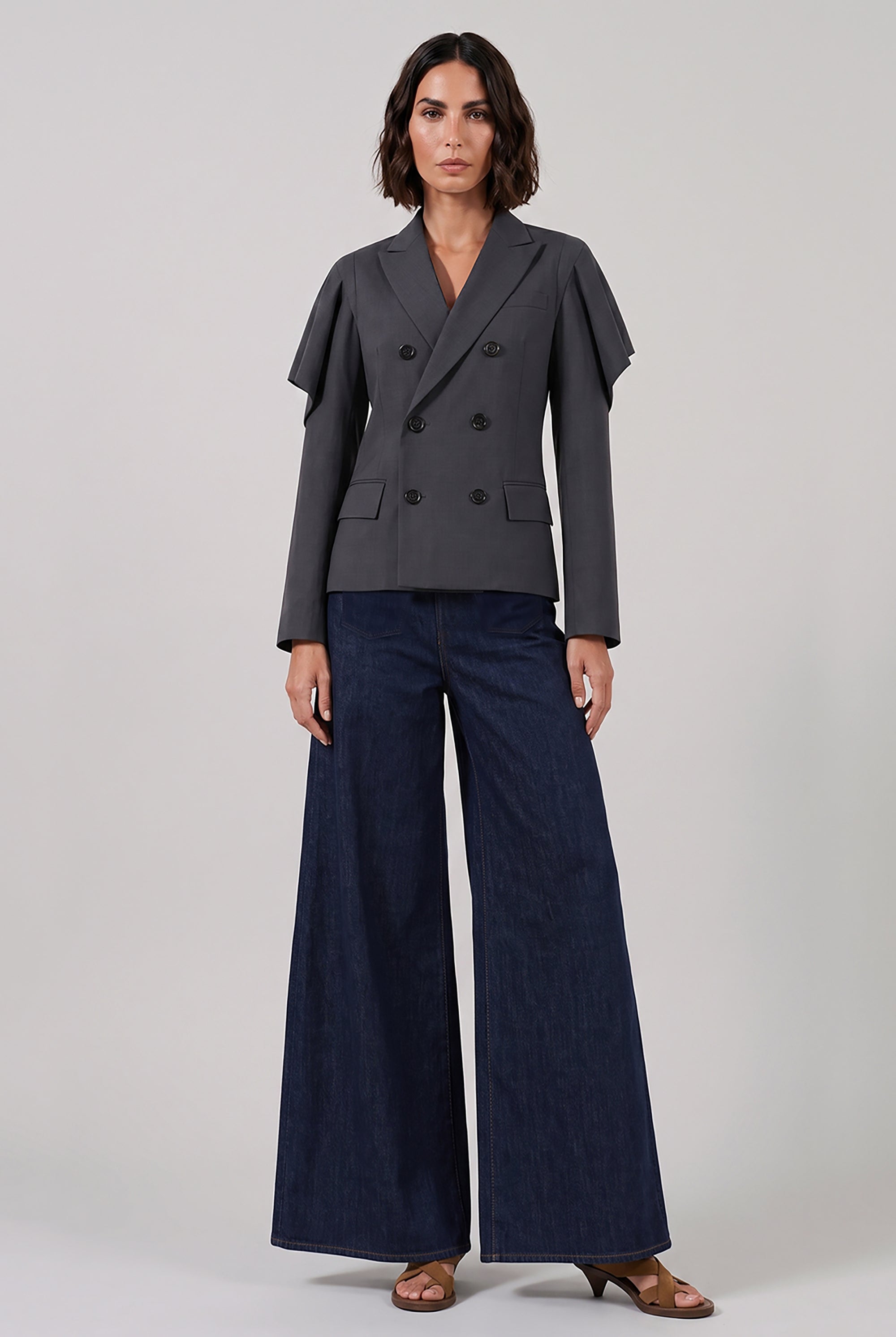 SACAI RTW Suiting Double Breast Jacket With Cowl Sleeves | Grey