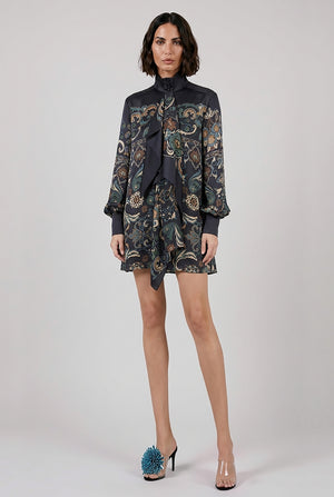 Scarf L/S Floral Print High Neck Drape Mini Dress | Navy/Multi