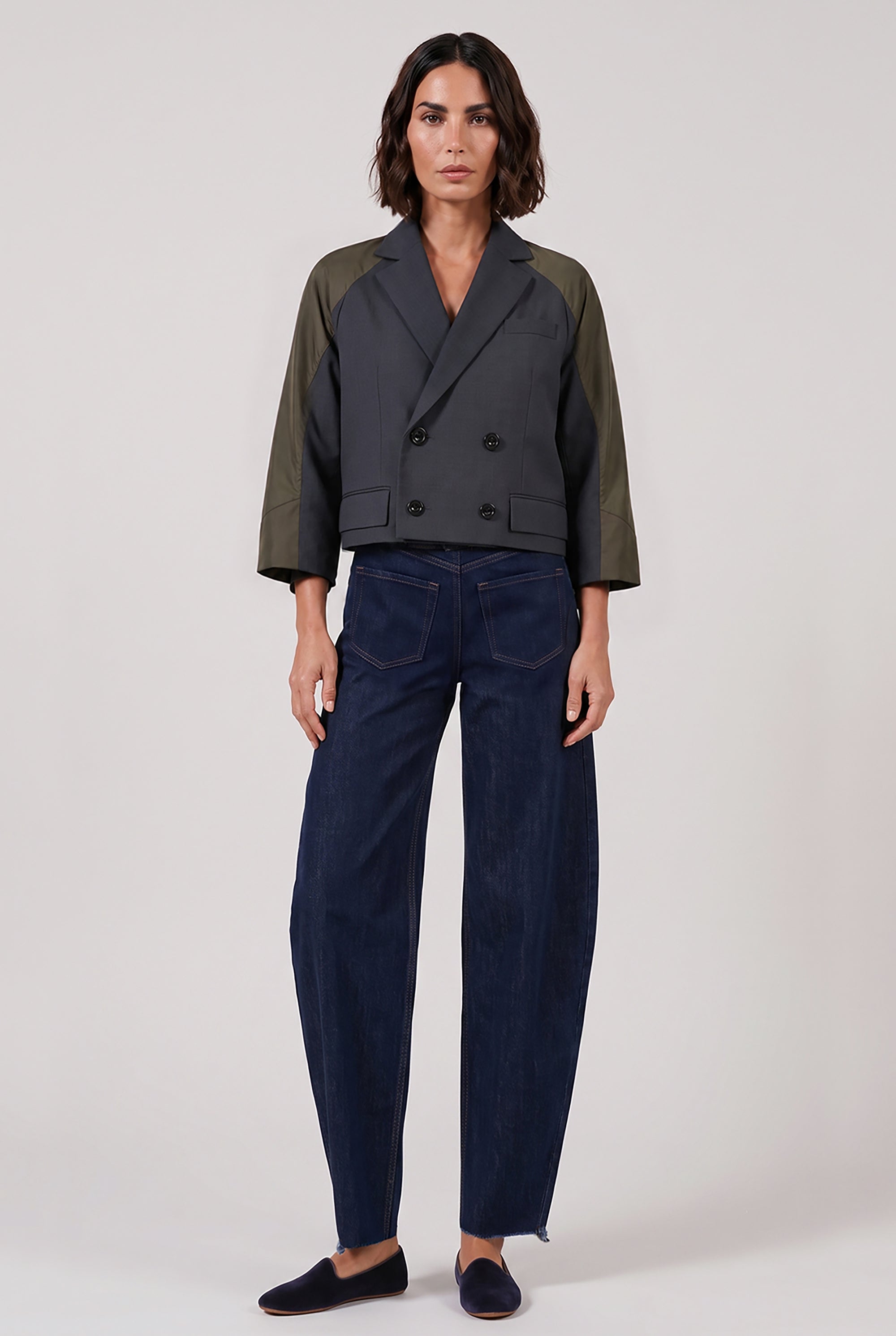 SACAI RTW Suiting X Twill Oversize Double Breast Jacket | Grey/Khaki