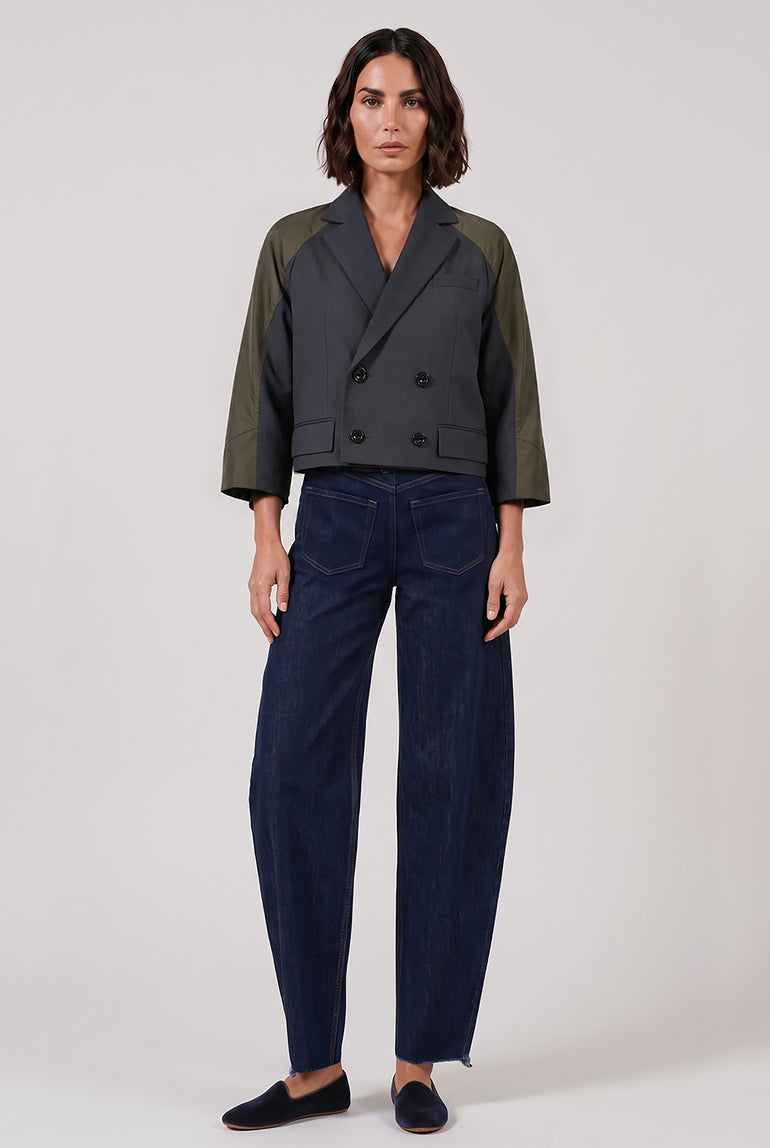 SACAI RTW Suiting X Twill Oversize Double Breast Jacket | Grey/Khaki
