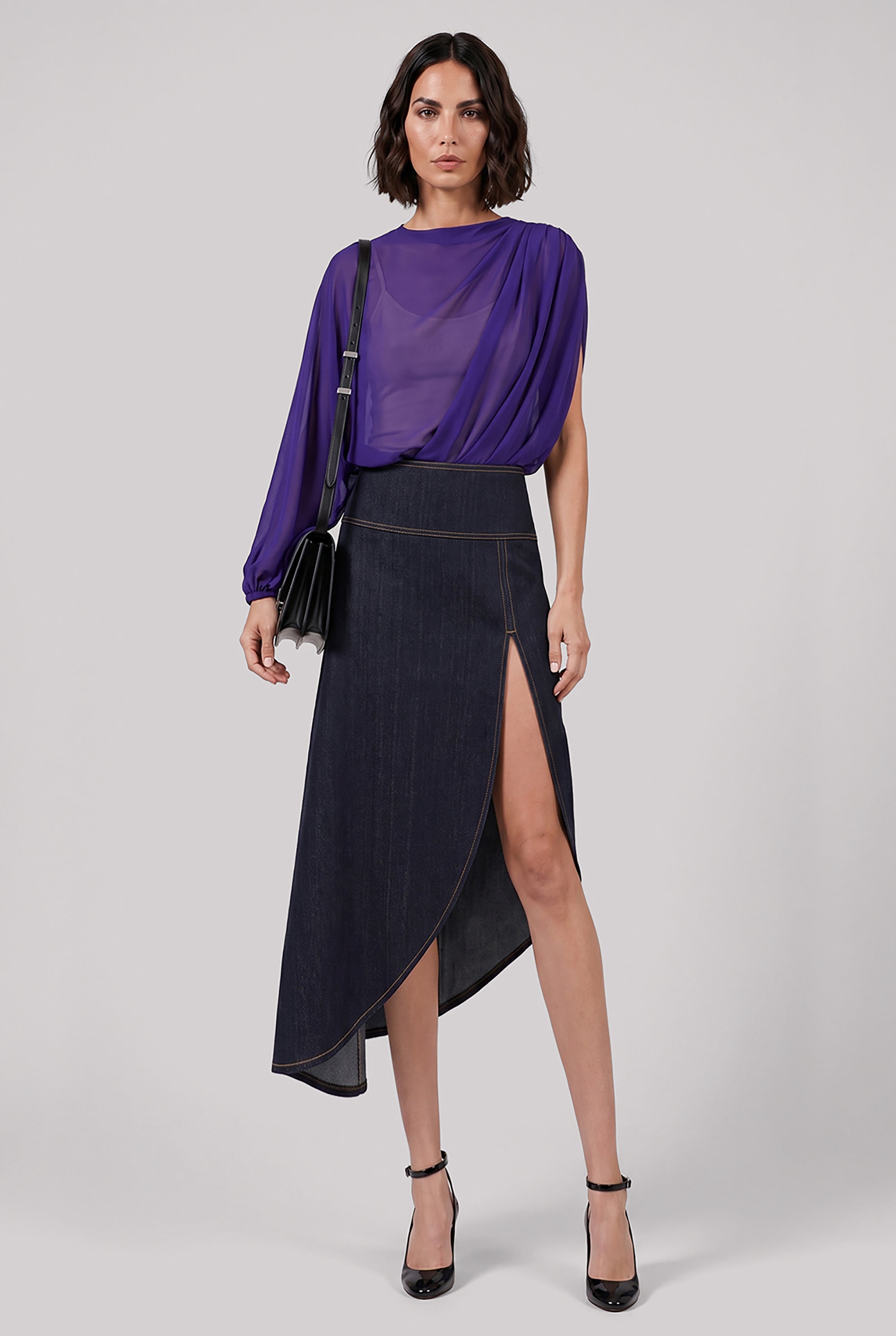 ALAIA RTW Asymmetric Midi Denim Fluid Skirt | Night Blue