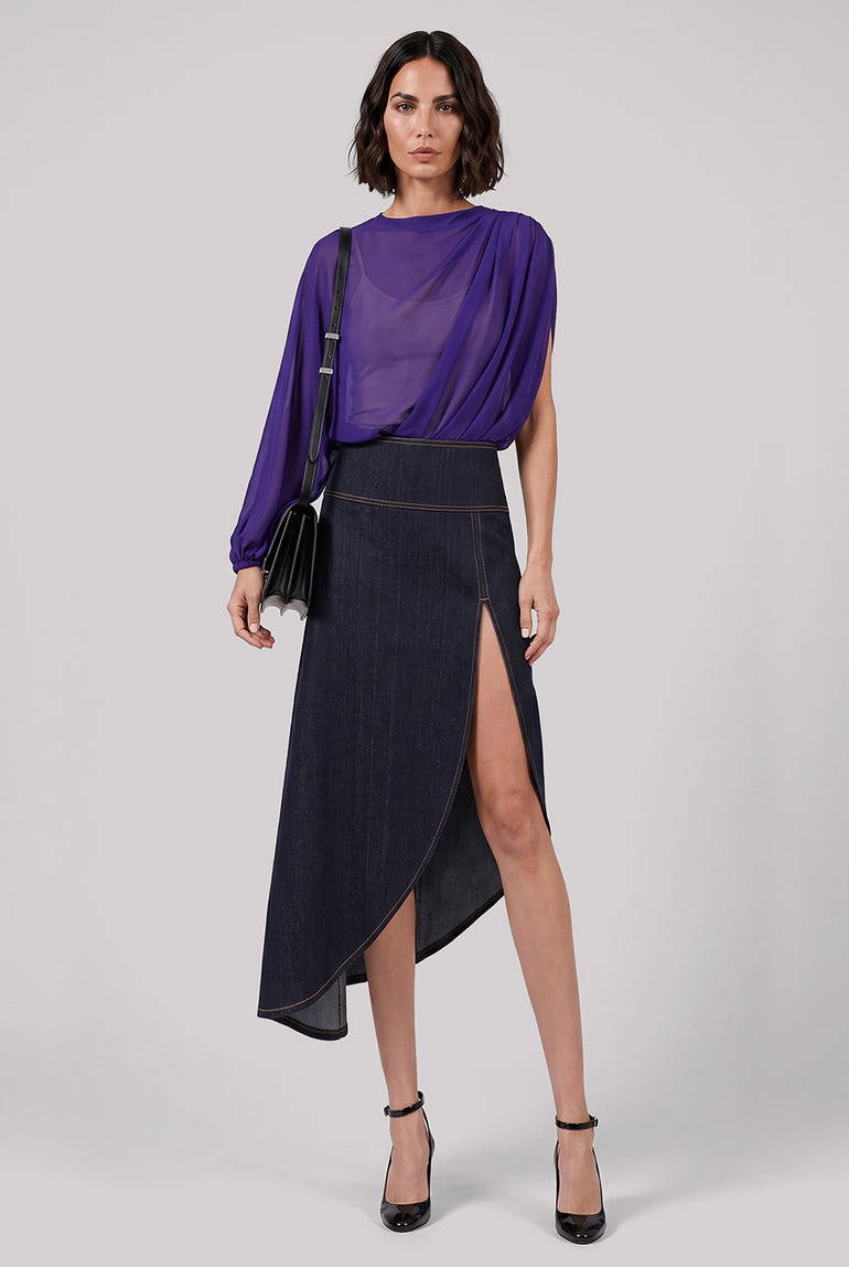 ALAIA RTW Asymmetric Midi Denim Fluid Skirt | Night Blue