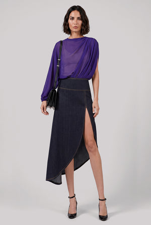 ALAIA RTW Asymmetric Midi Denim Fluid Skirt | Night Blue
