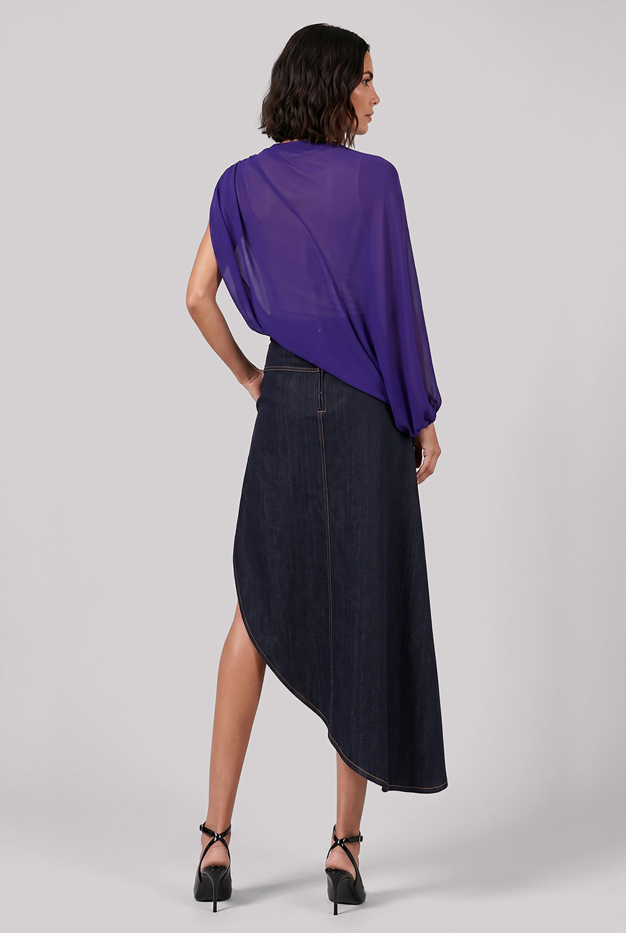 ALAIA RTW Asymmetric Midi Denim Fluid Skirt | Night Blue