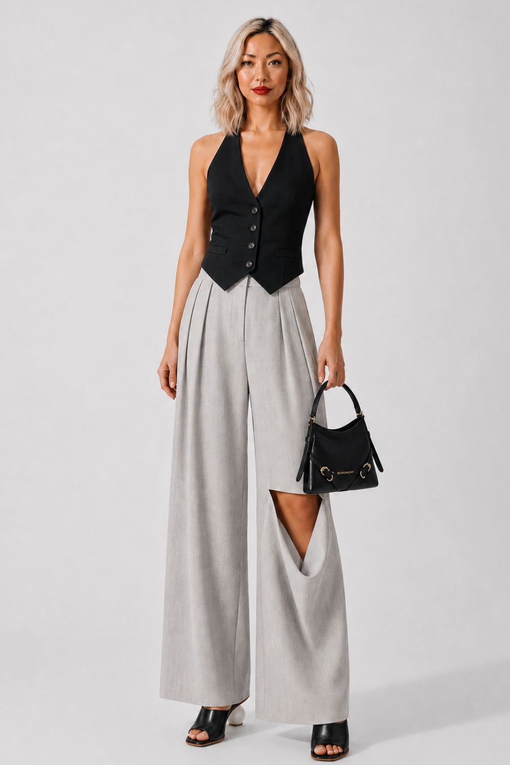 AWAKE MODE RYW Slit Knee Asymmetric Pant | Light Grey Melange