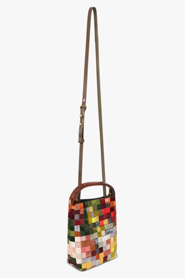 Dries Van Noten Crispino bag in multi shown with the detachable leather crossbody strap attached