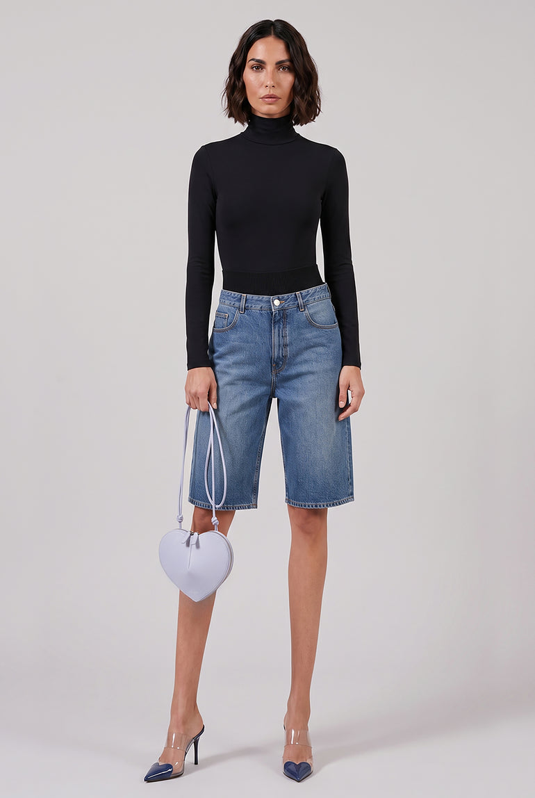 ALAIA RTW Knit Band Denim Jean Shorts | Blue/Black