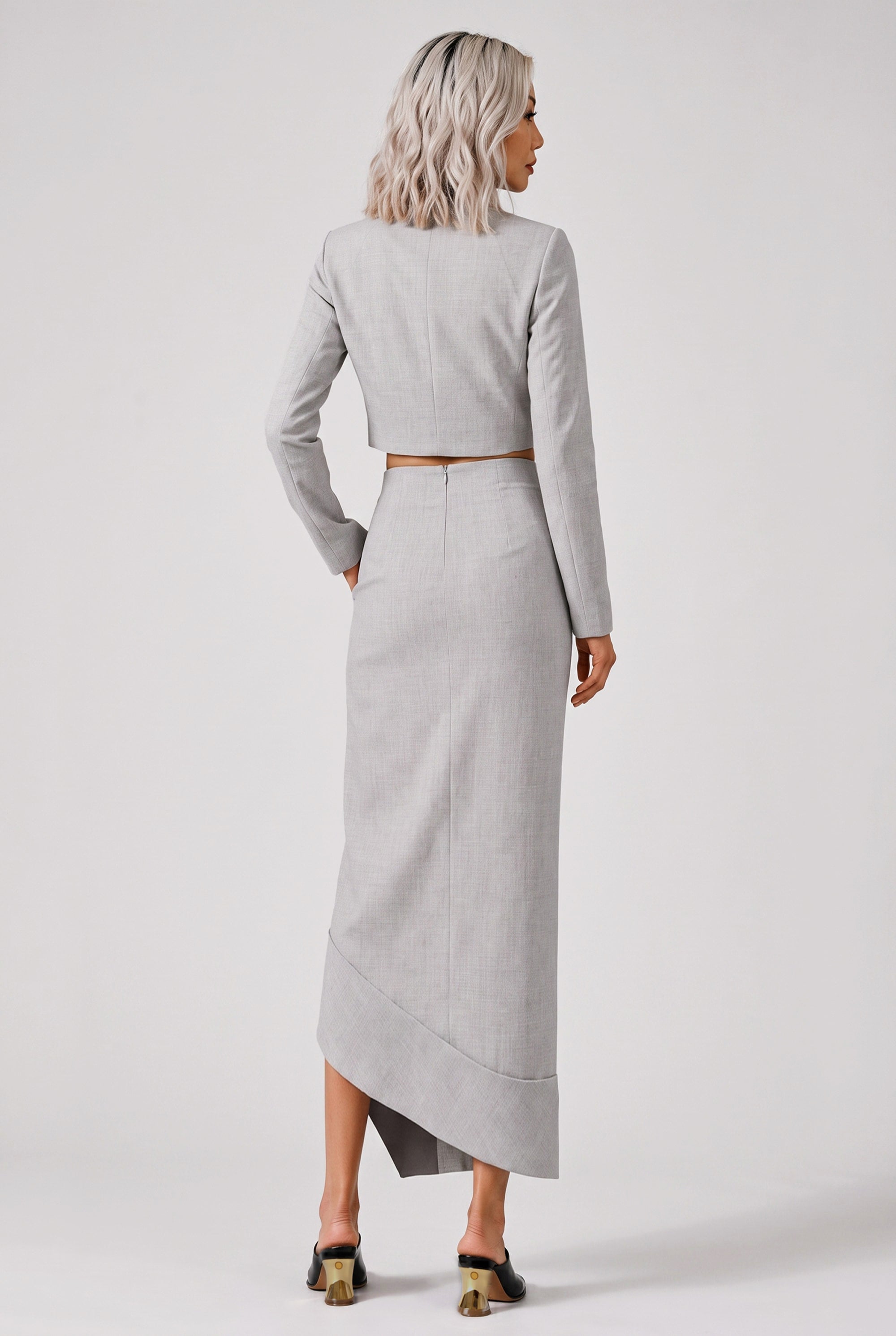 AWAKE MODE RYW Asymmetric Jacket Collar Hem Skirt | Light Grey Melange
