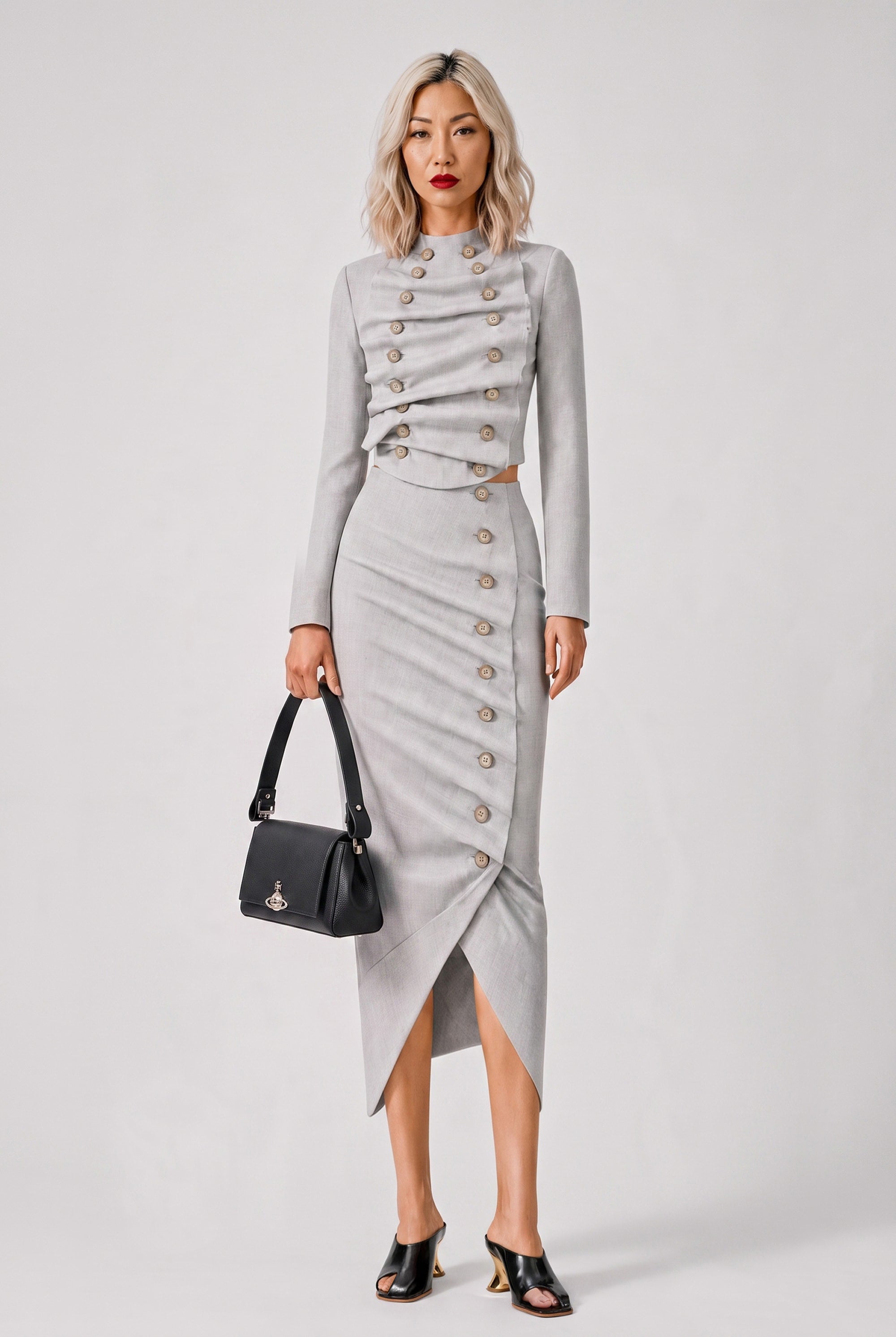 AWAKE MODE RYW Asymmetric Jacket Collar Hem Skirt | Light Grey Melange