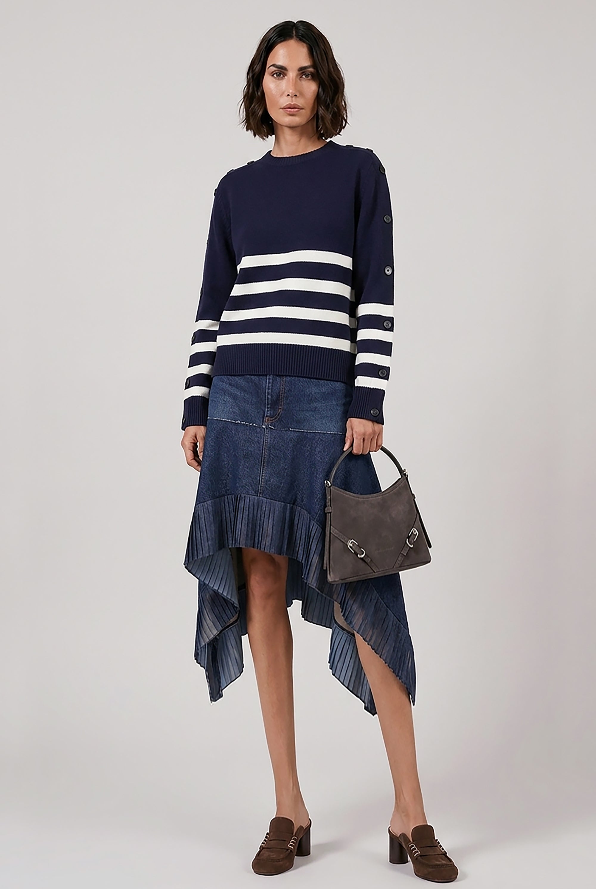 SACAI RTW Asymmetric Denim Skirt with Pleated Hem | Blue
