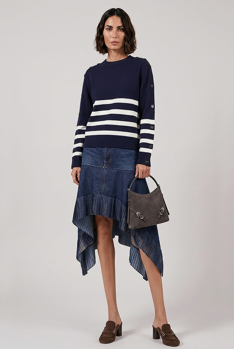 SACAI RTW Asymmetric Denim Skirt with Pleated Hem | Blue