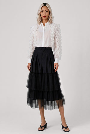 COMME DES GARCONS BLACK Tier Tulle X Twill Midi Skirt | Black