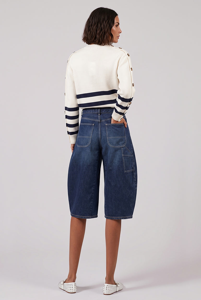 JW ANDERSON RTW Button Sleeve Stripe Knit | Ivory/Navy