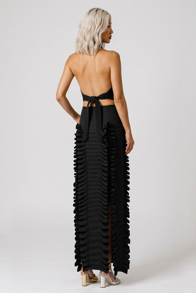 AWAKE MODE RYW Laminary Ruffle Panel Slit Skirt | Black