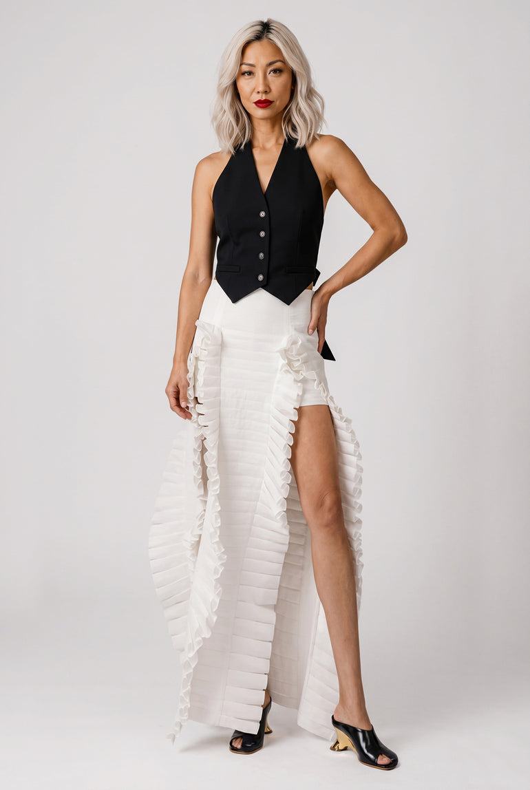 AWAKE MODE RYW Laminary Ruffle Panel Slit Skirt | Off White