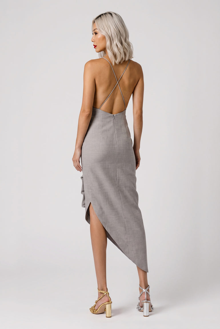 AWAKE MODE RYW Bib-Front Structured Dress with Open Back | Light Grey Melange