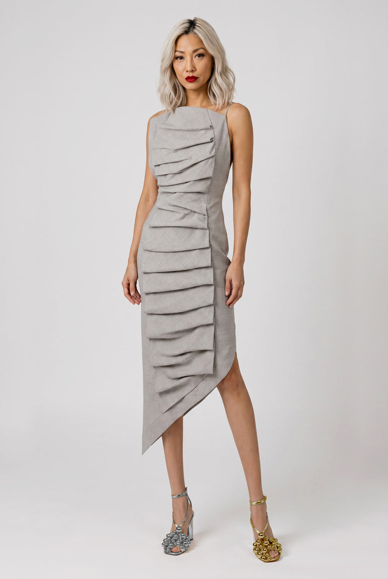AWAKE MODE RYW Bib-Front Structured Dress with Open Back | Light Grey Melange
