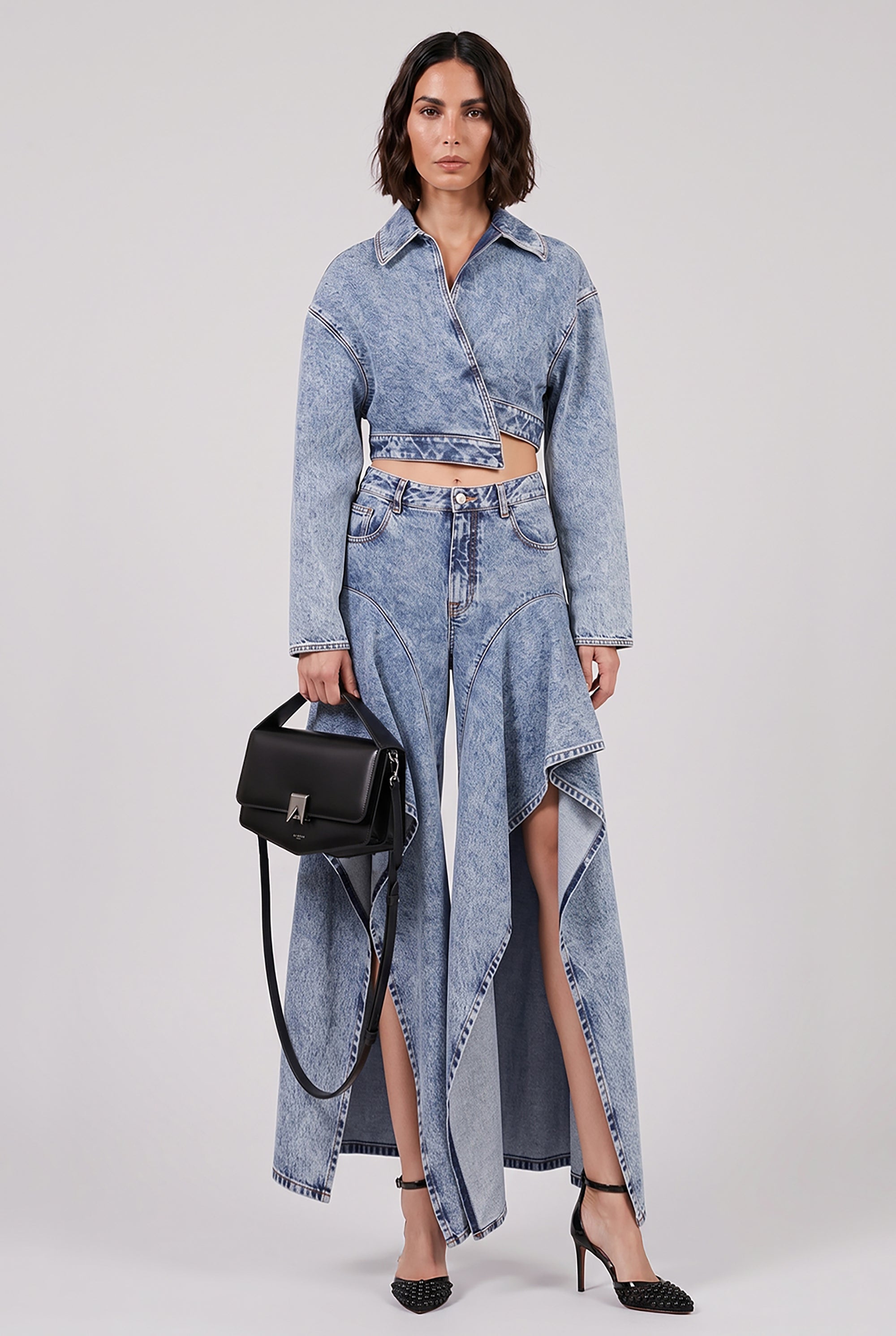 ALAIA RTW Spiral Wrap Cropped L/S Denim Jacket | Snow Blue