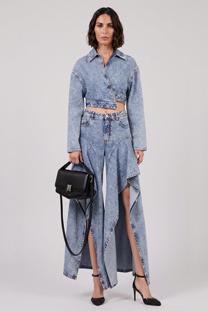 ALAIA RTW Spiral Wrap Cropped L/S Denim Jacket | Snow Blue