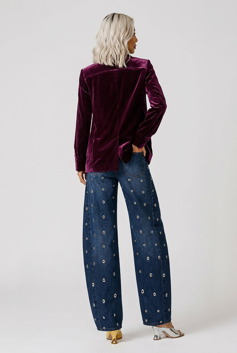 COMME DES GARCONS RTW Single Breast Velvet Cut Out Panel Jacket | Purple