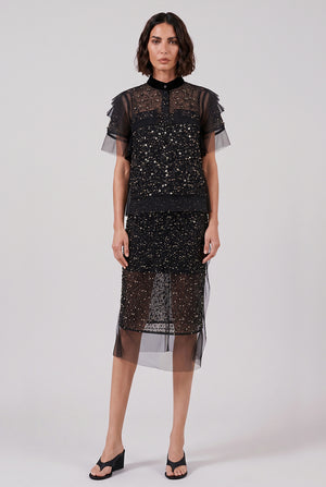 Sequin Embroidery Sheer Midi Skirt | Black