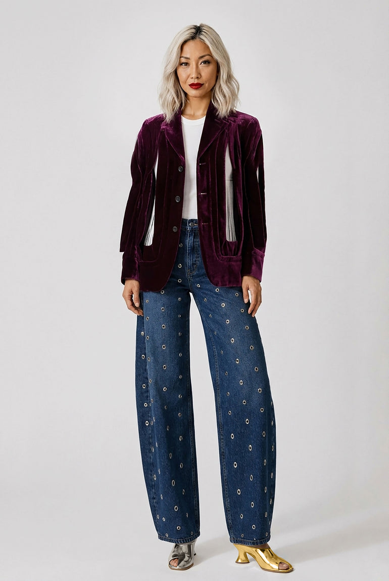 COMME DES GARCONS RTW Single Breast Velvet Cut Out Panel Jacket | Purple