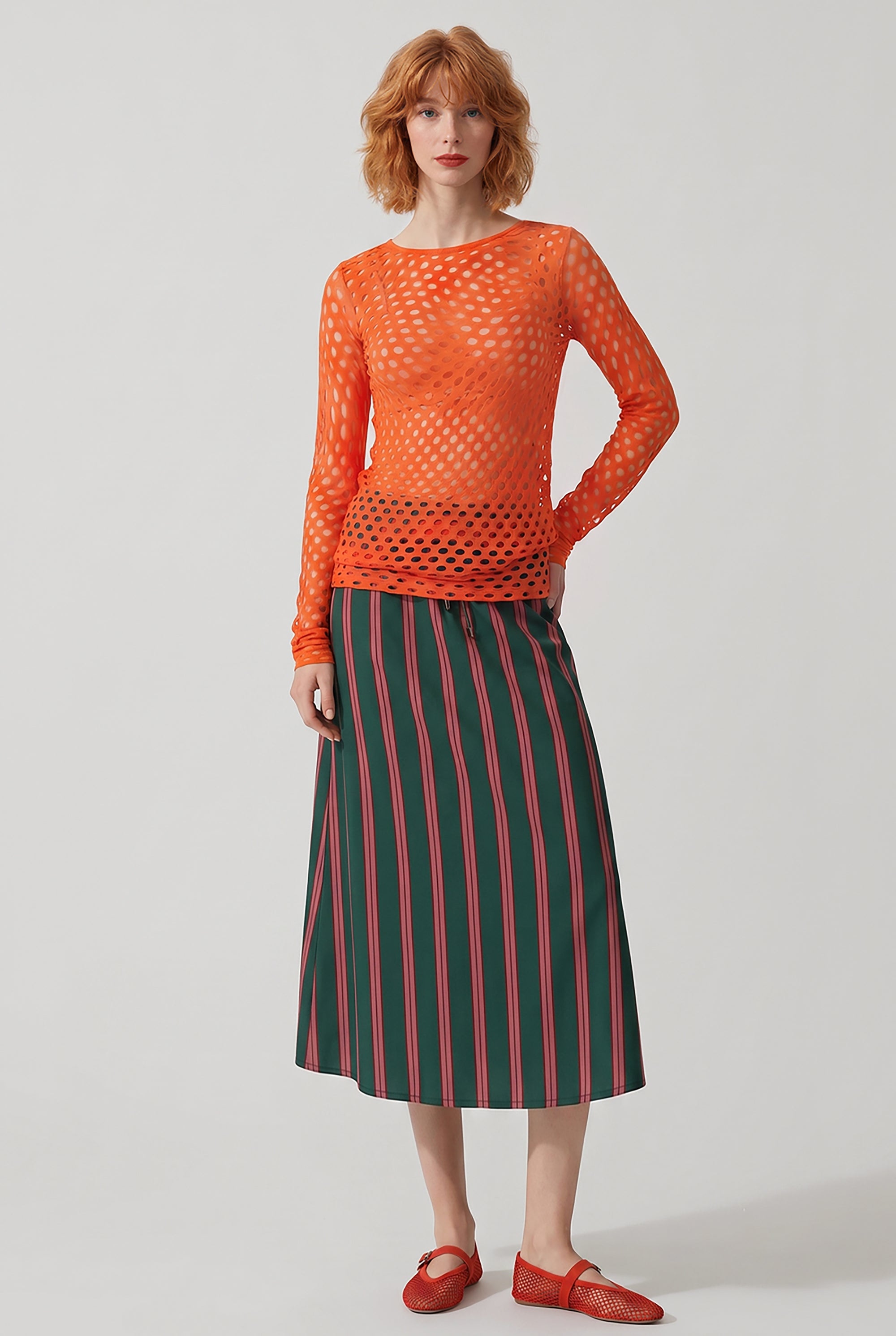 DRIES VAN NOTEN RTW Susya Stripe Midi Skirt | Bottle Green/Burgundy