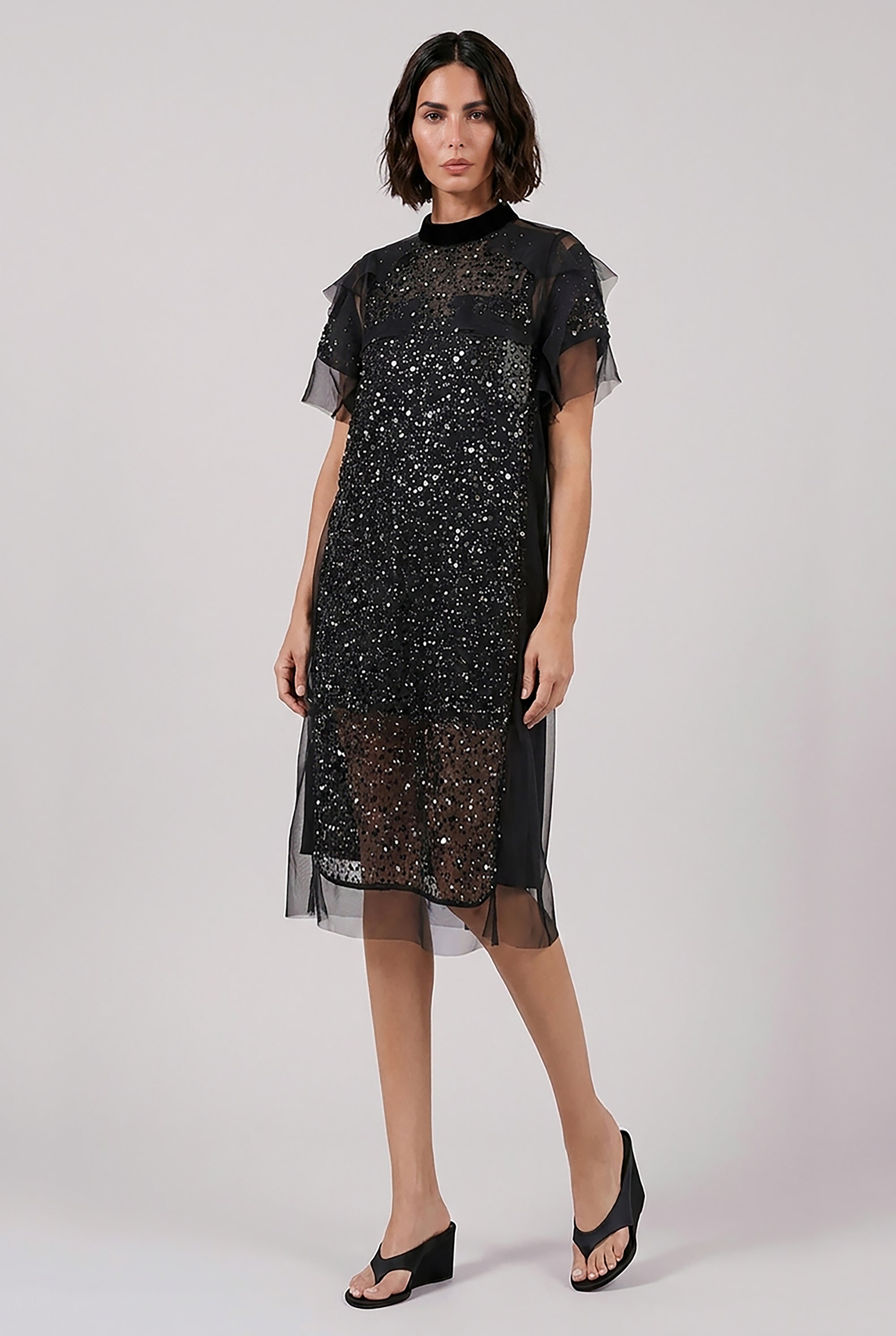 SACAI RTW Sequin Embroidery Sheer S/S Midi Dress | Black