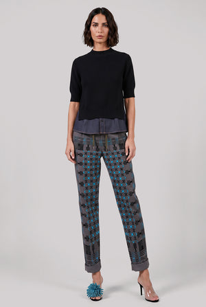 S/S Pull Over Knit With Denim Underlay | Black/Indigo Blue