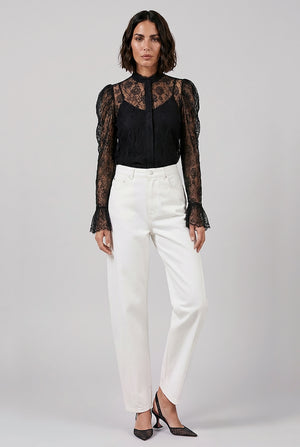 Jacquard Floral Lace Neck Tie Blouse | Black