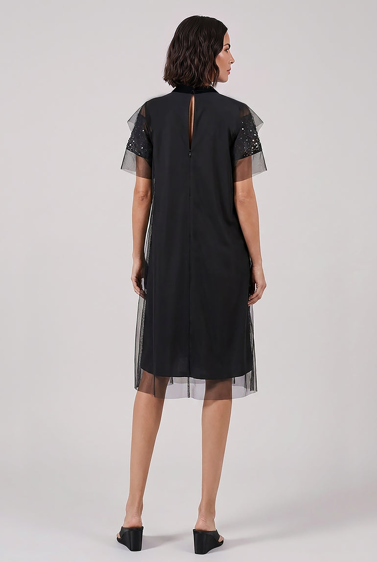 SACAI RTW Sequin Embroidery Sheer S/S Midi Dress | Black