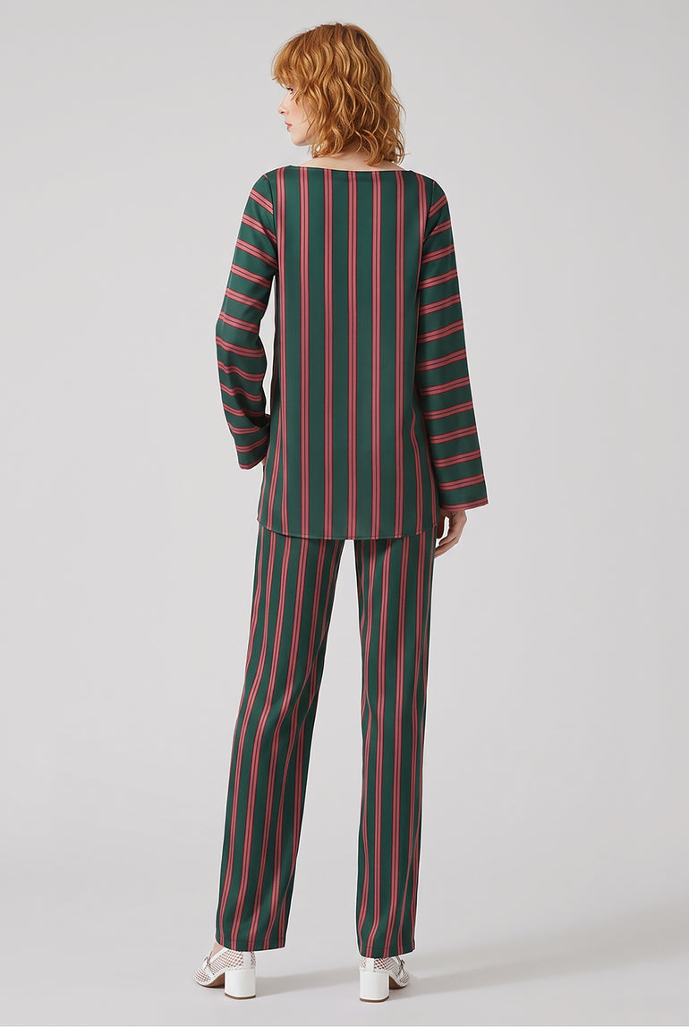DRIES VAN NOTEN RTW Charlie Fluid Stripe Blouse Mini Dress | Bottle Green/Burgundy