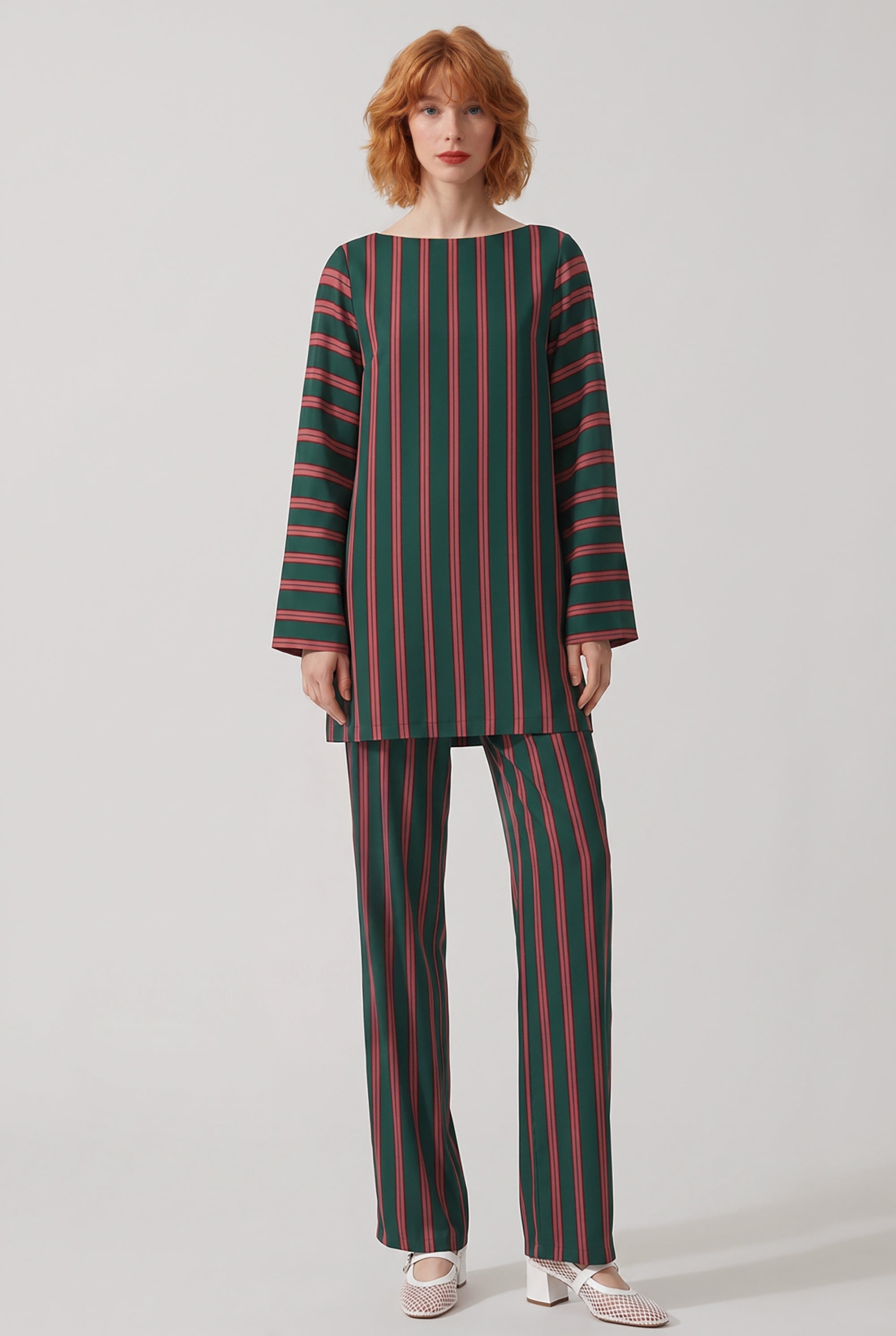 DRIES VAN NOTEN RTW Charlie Fluid Stripe Blouse Mini Dress | Bottle Green/Burgundy